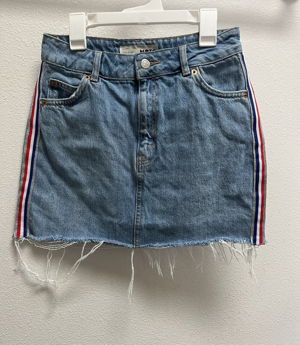 Topshop Moto Denim Mini Skirt US 4 Blue Red White Side Stripe Raw Hem Y2K